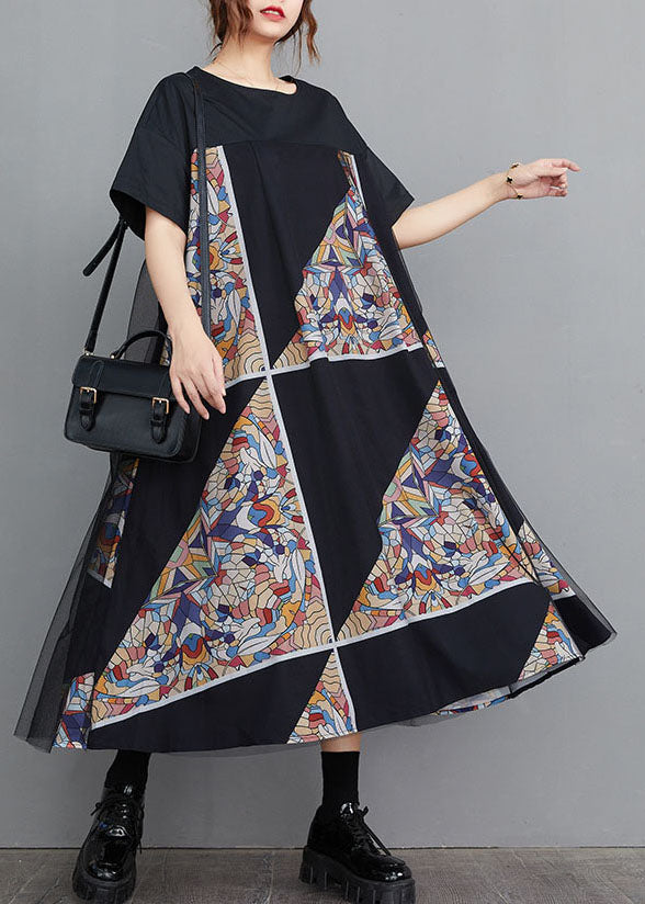 Modernes schwarzes O-Neck Tüll Patchwork geometrischer Druck Baumwolle A-Linie Kleider Kurzarm