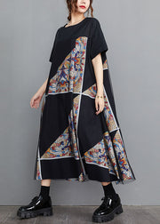 Modern Black O-Neck Tulle Patchwork Geometric Print Cotton A Line Dresses Short Sleeve