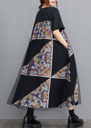Modern Black O-Neck Tulle Patchwork Geometric Print Cotton A Line Dresses Short Sleeve