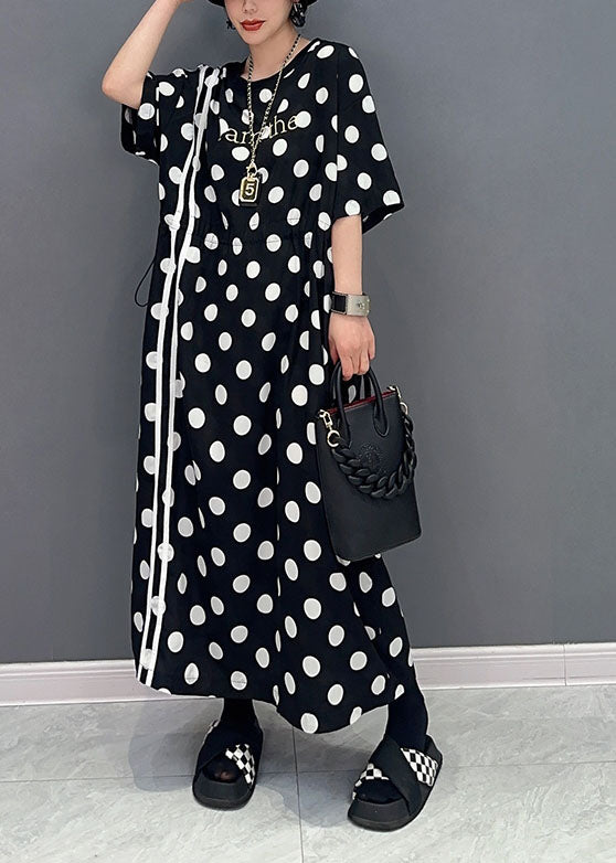 Modern Black Oversized Dot Print Cotton Cinched Dresses Summer