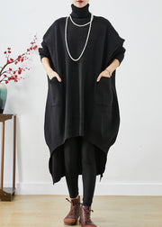 Modern Black Oversized Low High Design Knit Sweater Dress Batwing Sleeve