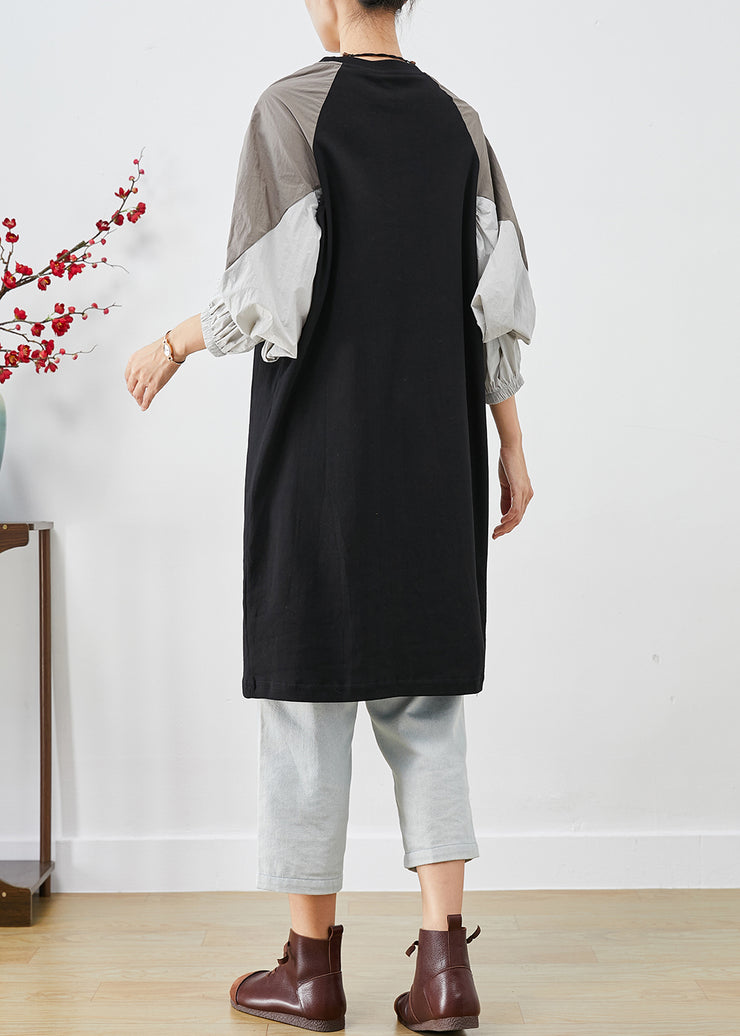Modern Black Oversized Patchwork Cotton Sweatshirt Dress Fall