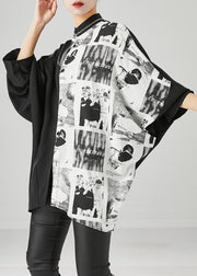 Modern Black Oversized Patchwork Print Cotton Shirt Batwing Sleeve