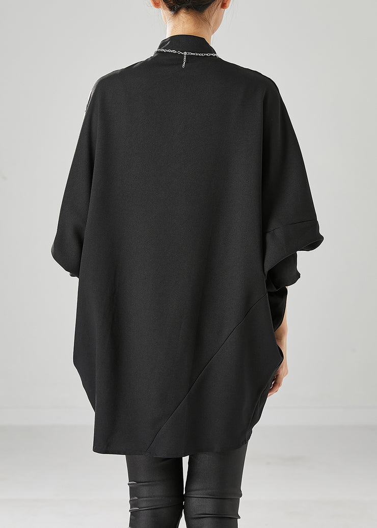 Modern Black Oversized Patchwork Print Cotton Shirt Batwing Sleeve