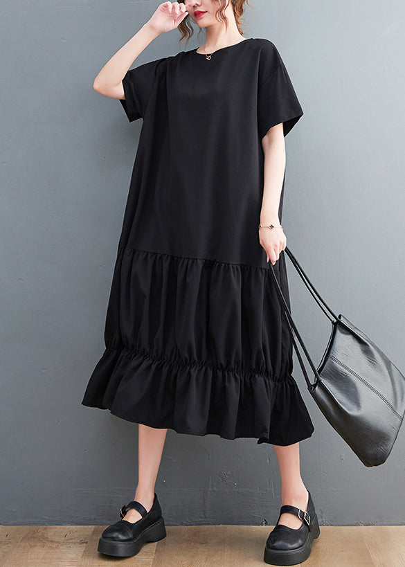 Modern Black Oversized Patchwork Wrinkled Cotton Dresses Summer