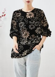 Modern Black Oversized Print Silk Velour Shirt Top Fall