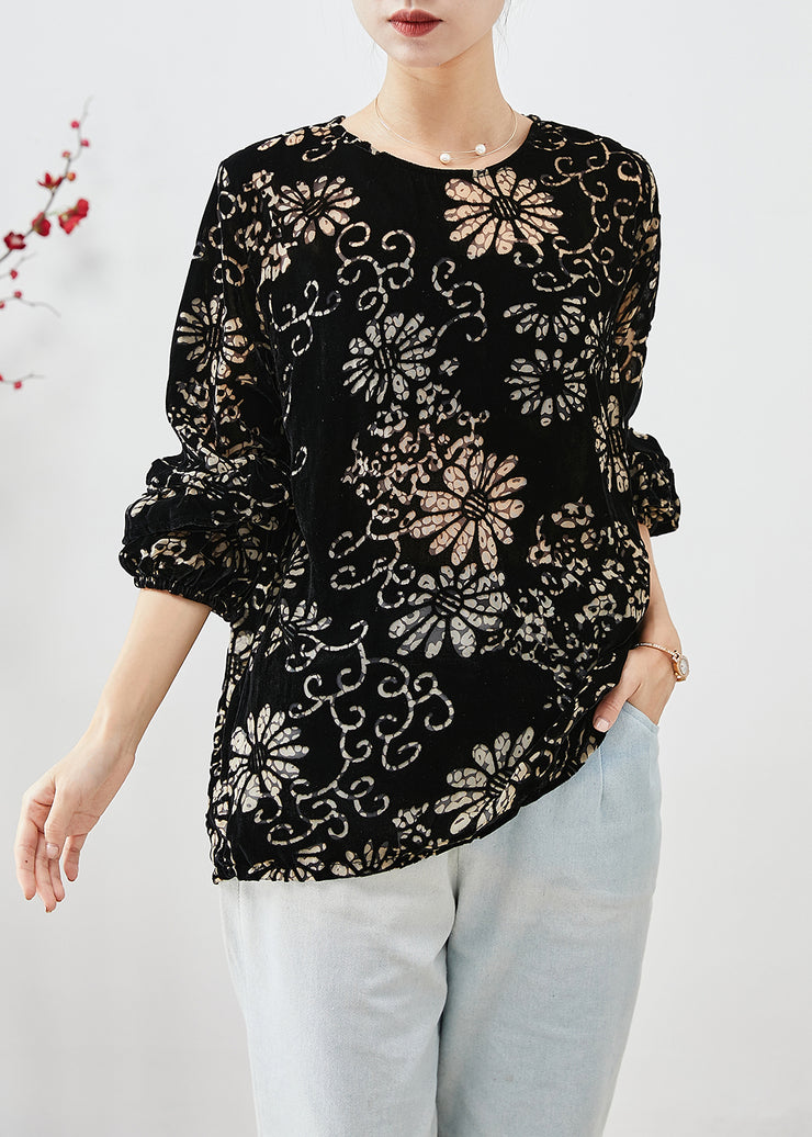 Modern Black Oversized Print Silk Velour Shirt Top Fall