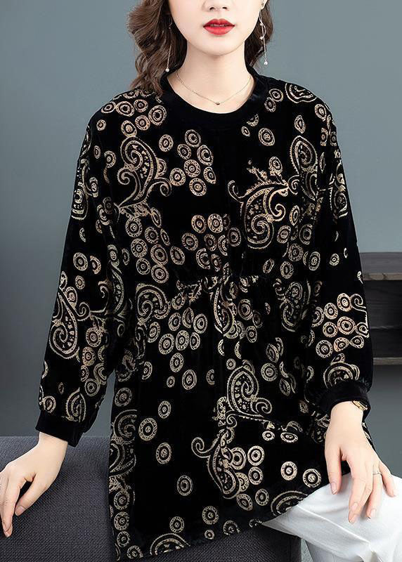 Modern Black Oversized Print Silk Velour Shirt Top Spring
