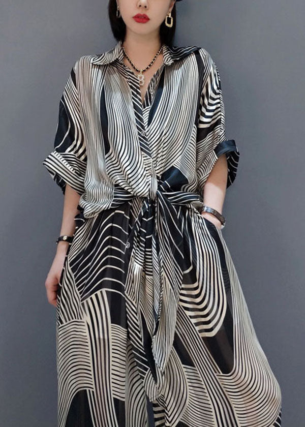 Modern Black Oversized Striped Draping Chiffon Two-Piece Set Summer