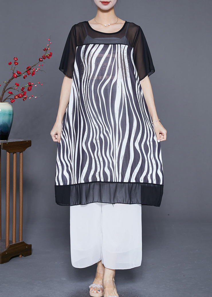 Modern Black Oversized Striped Zircon Chiffon Maxi Dresses Summer