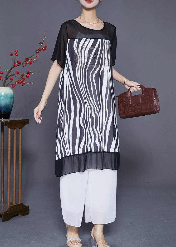 Modern Black Oversized Striped Zircon Chiffon Maxi Dresses Summer