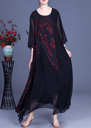 Modern Black Patchwork Asymmetrical Summer Silk Long Dress - SooLinen