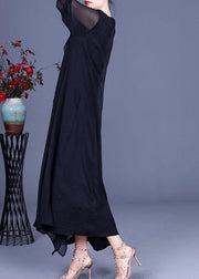 Modern Black Patchwork Asymmetrical Summer Silk Long Dress - SooLinen