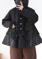 Modern Black Patchwork Button Pockets Thick Hooded Parka Long Sleeve