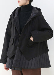 Modern Black Patchwork Button Pockets Thick Hooded Parka Long Sleeve