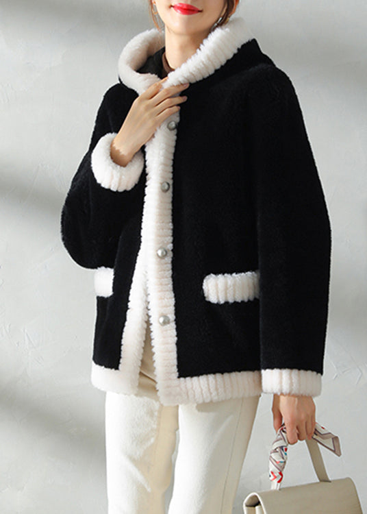 Modern Black Patchwork Button Thick Woolen Hooded Coat Winter