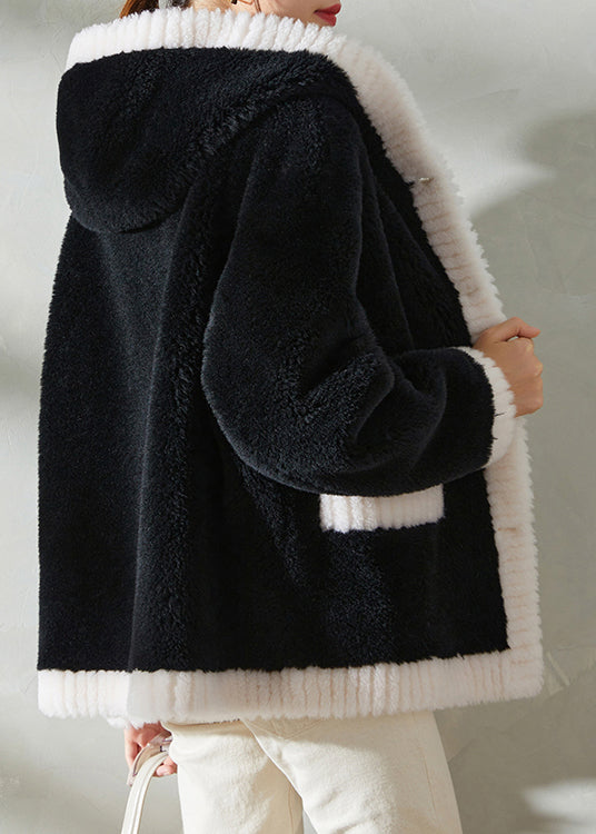 Modern Black Patchwork Button Thick Woolen Hooded Coat Winter