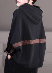 Moderner schwarzer Patchwork-Mantel mit Kapuze und Kordelzug aus Baumwolle mit langen Ärmeln