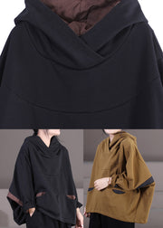 Moderner schwarzer Patchwork-Mantel mit Kapuze und Kordelzug aus Baumwolle mit langen Ärmeln