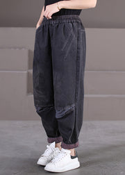 Modern Black Patchwork Plaid Elastic Waist Denim Pants Fall