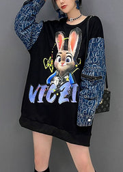 Modern Black Patchwork Rabbit Print Cotton Sweatshirt Streetwear Fall