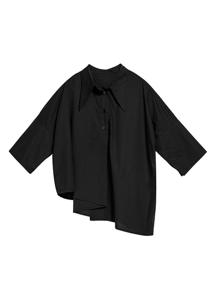 Modern Black Peter Pan Collar Asymmetrical Patchwork Button Shirt Spring
