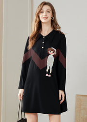 Modern Black Peter Pan Collar Character Print Cotton Sweatshirts Dress Spring