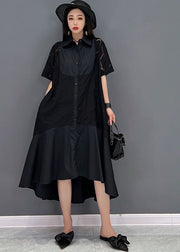 Modernes schwarzes Patchwork-Hemdkleid aus Baumwolle mit Peter-Pan-Kragen und kurzen Ärmeln