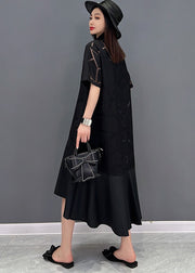 Modernes schwarzes Patchwork-Hemdkleid aus Baumwolle mit Peter-Pan-Kragen und kurzen Ärmeln