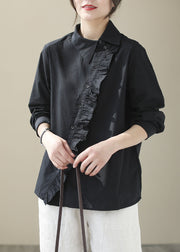 Modern Black Peter Pan Collar Patchwork Cotton Top Spring