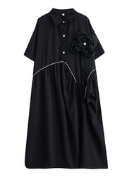 Modern Black Peter Pan Collar Patchwork Floral Button Party Maxi Dress Short Sleeve