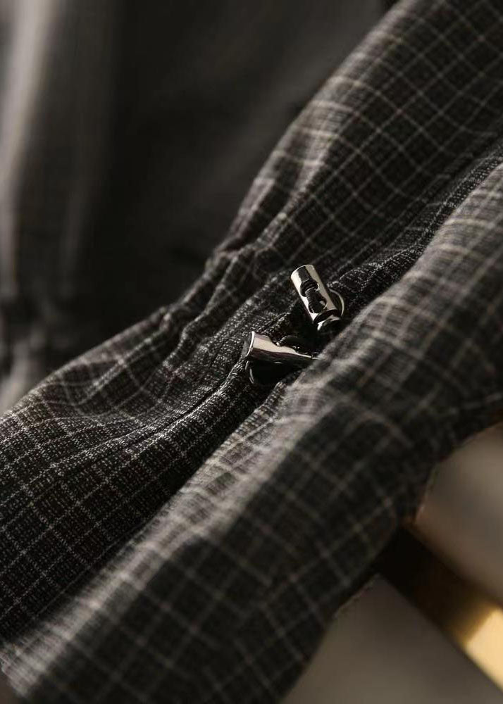 Modern Black Peter Pan Collar Plaid Drawstring Patchwork Cotton Jacket Fall