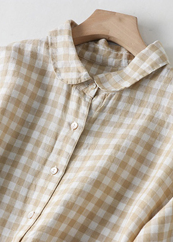 Modern Black Plaid Peter Pan Collar Button Linen Long Shirts Dress Summer