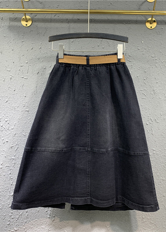 Modern Black Pockets Elastic Waist Patchwork Denim Skirts Fall
