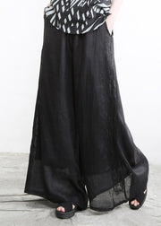 Modern Black Pockets Embroidered Floral Elastic Waist Linen Wide Leg Pants Summer