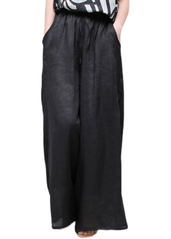 Modern Black Pockets Embroidered Floral Elastic Waist Linen Wide Leg Pants Summer