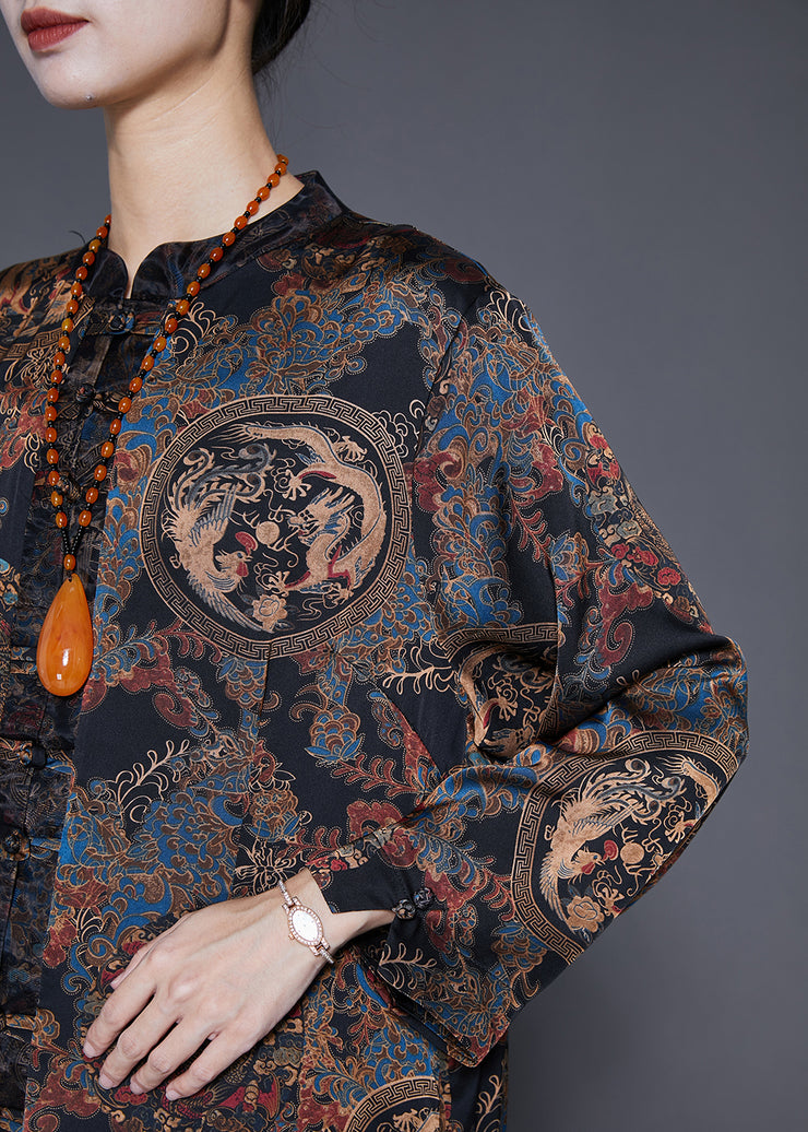 Modern Black Print Chinese Button Silk Coat Outwear Fall