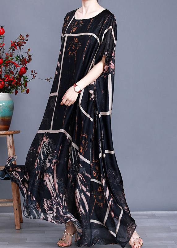 Modern Black Print Satin Maxi Dress Plus Size Patchwork Caftan - SooLinen