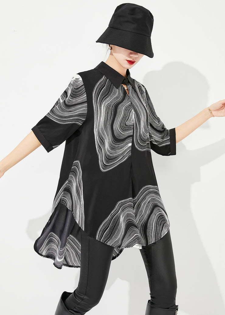 Modern Black Print Low High Design Draping Chiffon Blouse Tops Summer