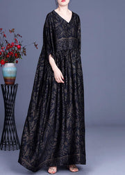 Modern Black Print Silk V Neck Dresses Summer - SooLinen