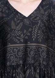 Modern Black Print Silk V Neck Dresses Summer - SooLinen