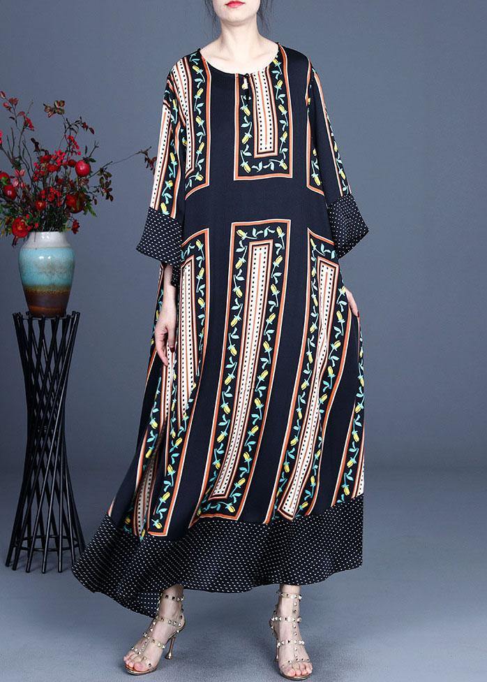 Modern Black Print Summer Silk Long Dresses Long sleeve - SooLinen