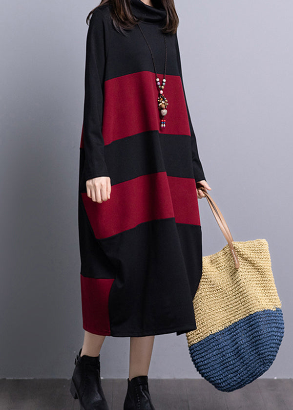 Modern Black Red Turtle Neck Knit Maxi Dress Long Sleeve