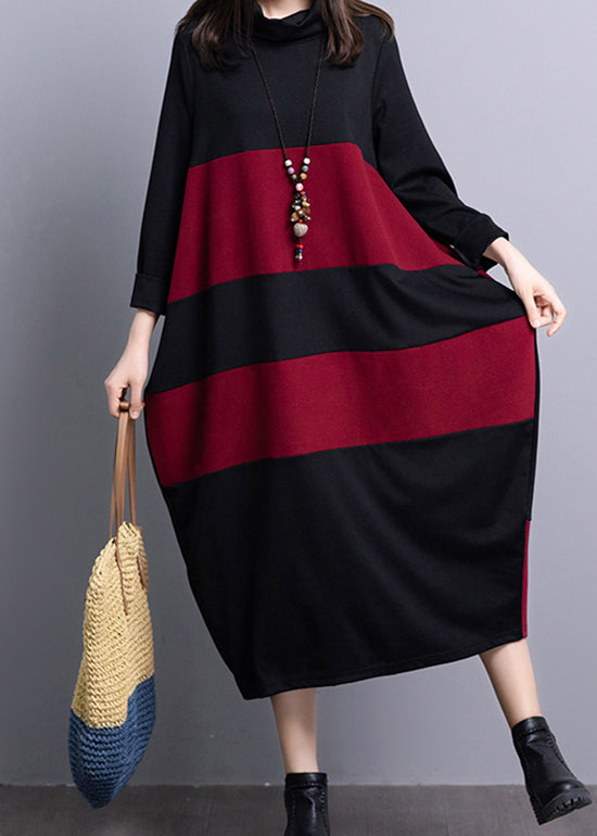 Modern Black Red Turtle Neck Knit Maxi Dress Long Sleeve