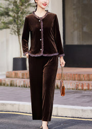 Modern Brown Ruffled Patchwork Silk Velour Shirts And Pants Two Piece Set