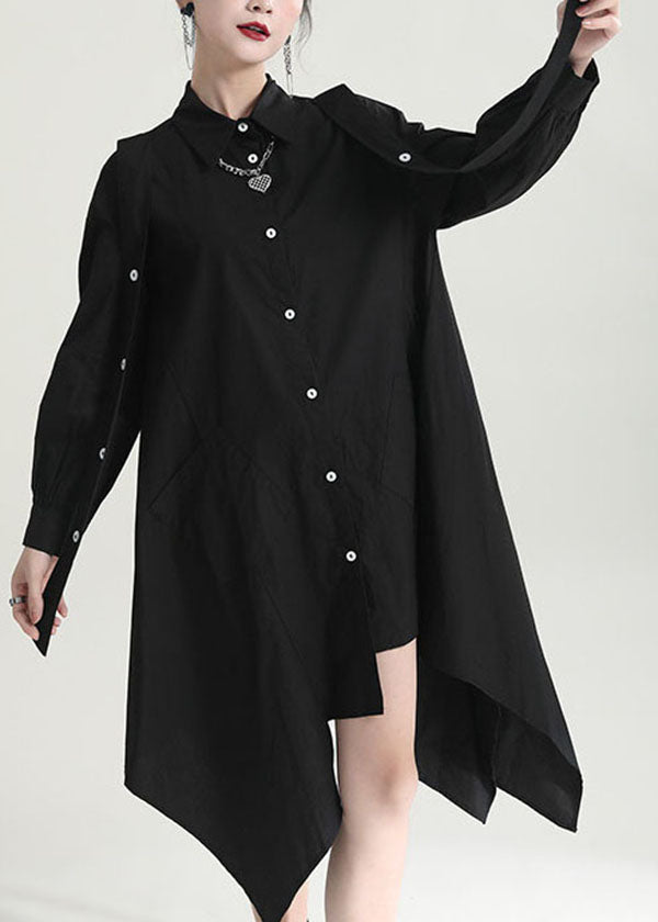 Modern Black Solid Color Asymmetrical Design Cotton Long Shirt Tops Fall