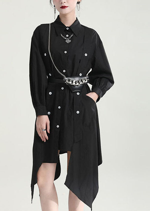 Modern Black Solid Color Asymmetrical Design Cotton Long Shirt Tops Fall