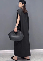Moderne schwarze, solide V-Ausschnitt-Knopftaschen Baumwolle lange Hemdkleider mit kurzen Ärmeln