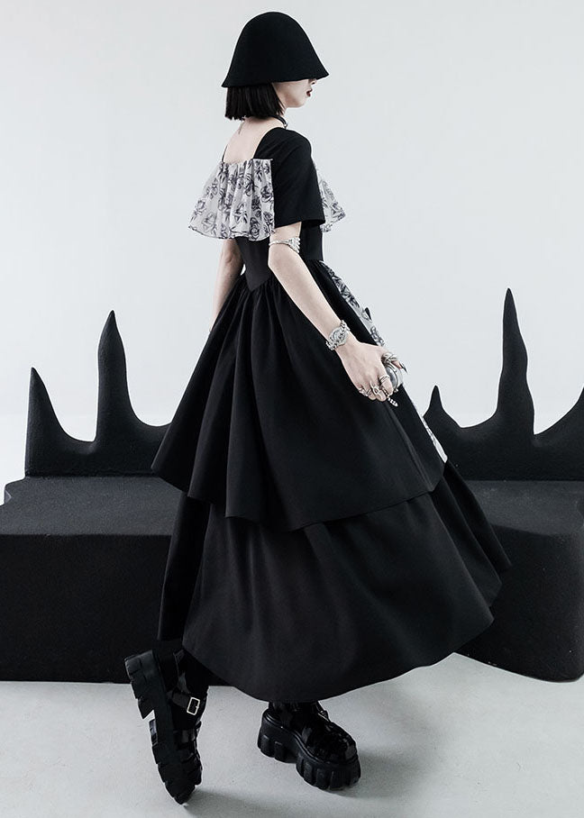 Modern Black Square Collar Asymmetrical Design Patchwork Print Long Dress Short Sleeve