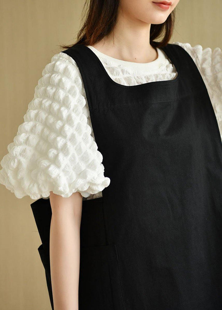 Modern Black Square Collar Pockets Summer Cotton Dresses Sleeveless - SooLinen
